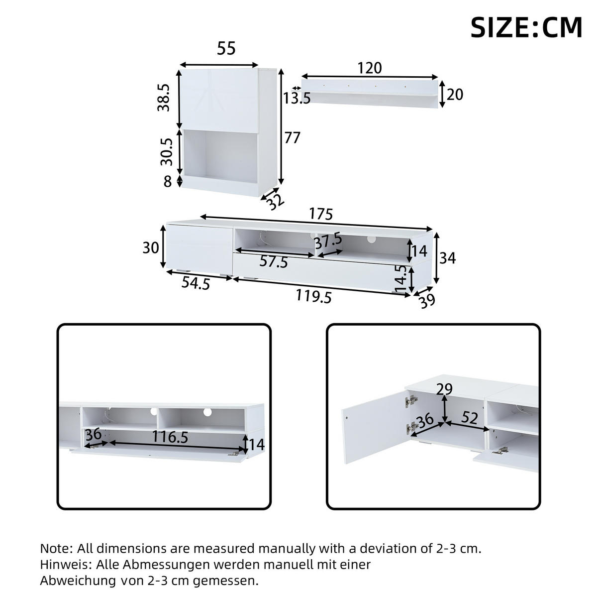TV-WOHNWAND-SET 175/39/34 cm Weiß mit LED-Beleuchtung und Hochglanz - Weiß, Holzwerkstoff (175/34/39cm) - OKWISH