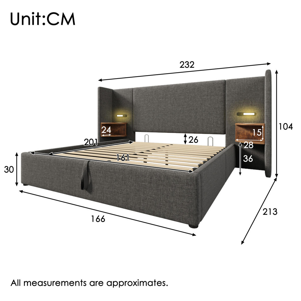 POLSTERBETT 160/200 cm aus Leinen mit Leselampe, USB- und Type-C-Anschluss sowie hydraulischem Stauraum, und Matratze,Grau - Grau, Textil (160/200cm) - Redom