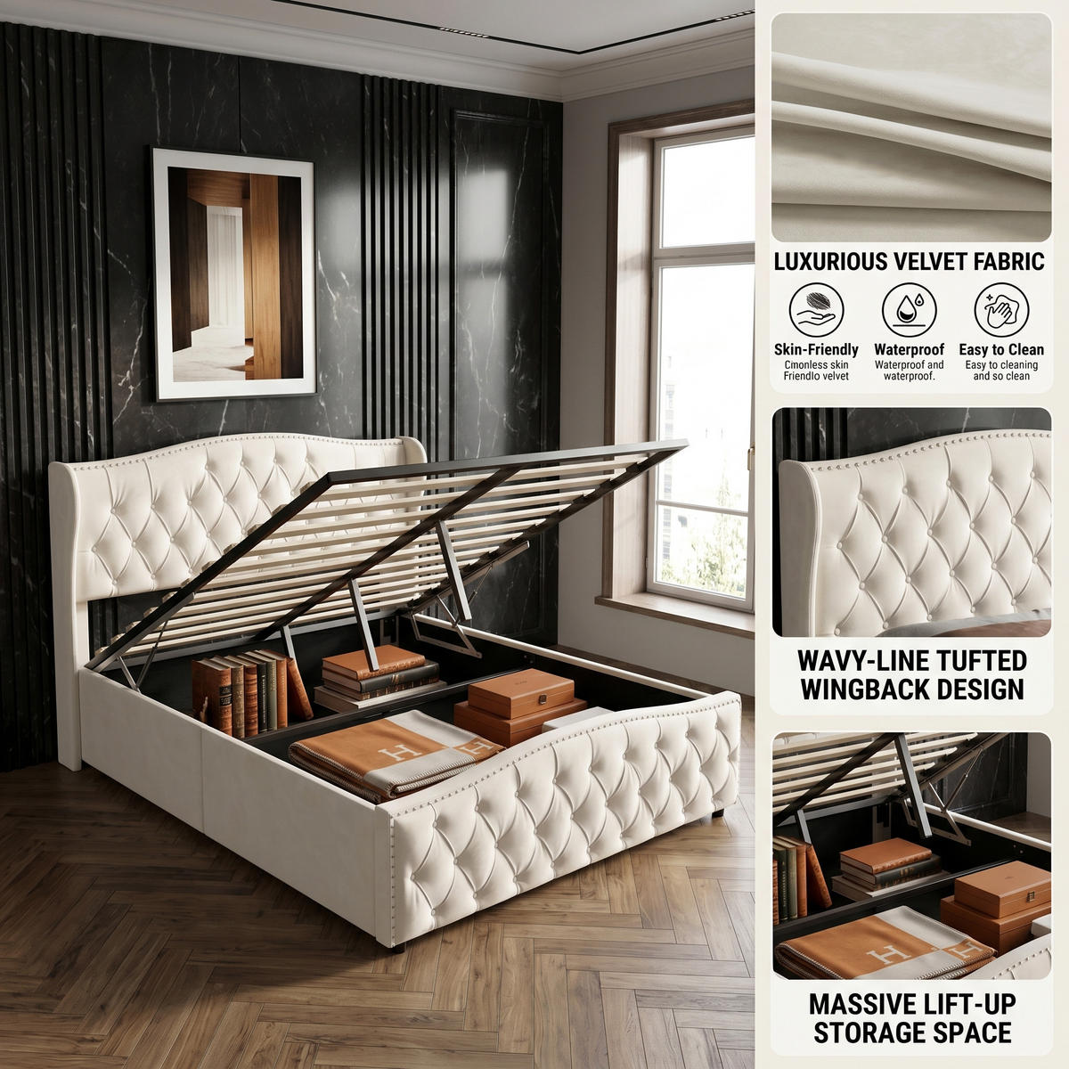 POLSTERBETT Wave-Design 140/200 cm mit Bettkasten & Nietendekor Samtstoff Beige - Beige, Textil (140/200cm) - Creahappy