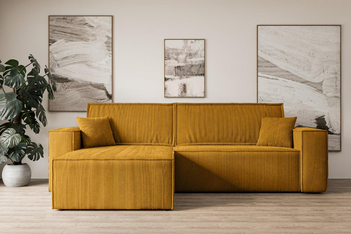 ECKSOFA mit Schlaffunktion und Bettkasten CELTIC-XL - 277x143x83 cm Senfgelb Cord - Gelb/Schwarz, Holzwerkstoff/Kunststoff (277/143cm) - ALTDECOR