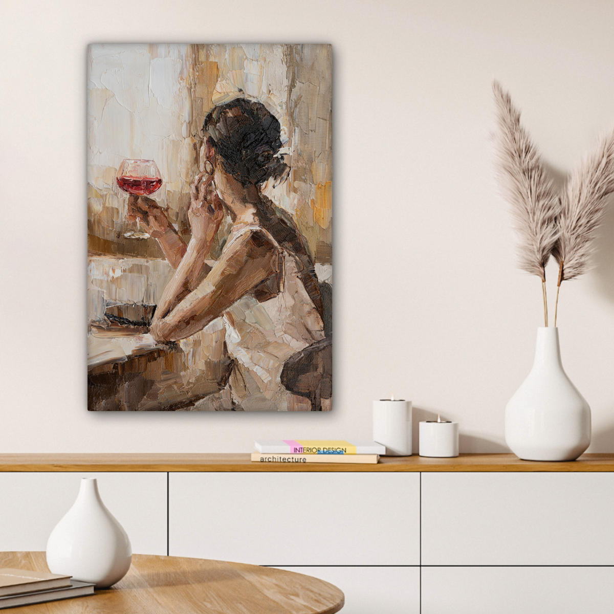 LEINWANDBILD Ölgemälde - Frau - Wein 60x90 cm - Hellbraun, Textil (60/90cm) - MuchoWow