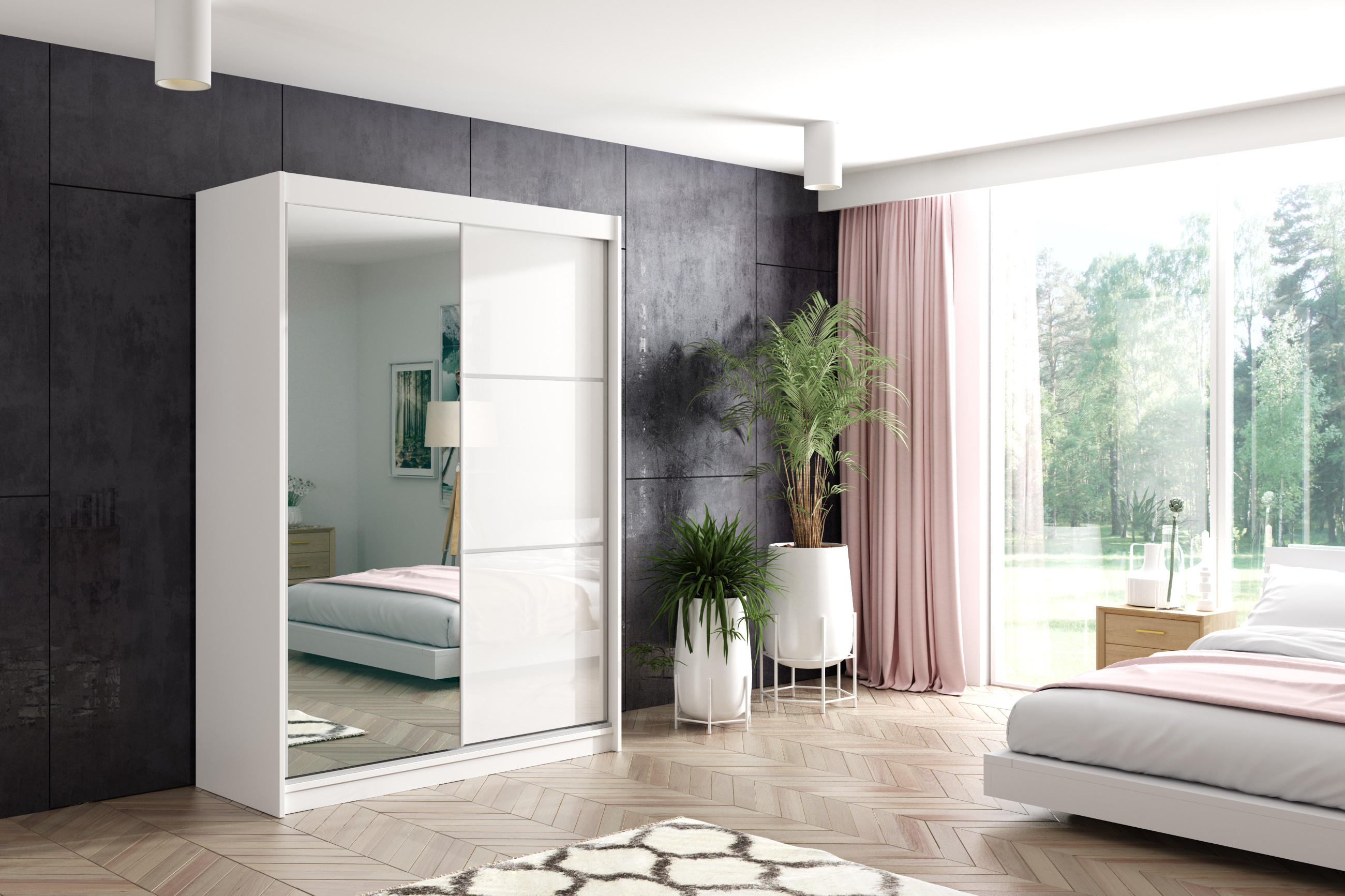 KLEIDERSCHRANK mit Spiegel-Schiebetüren und Aluminium-Leisten - VIVI - 160 cm Weiß - Weiß, Holzwerkstoff (160/216/61cm) - ALTDECOR