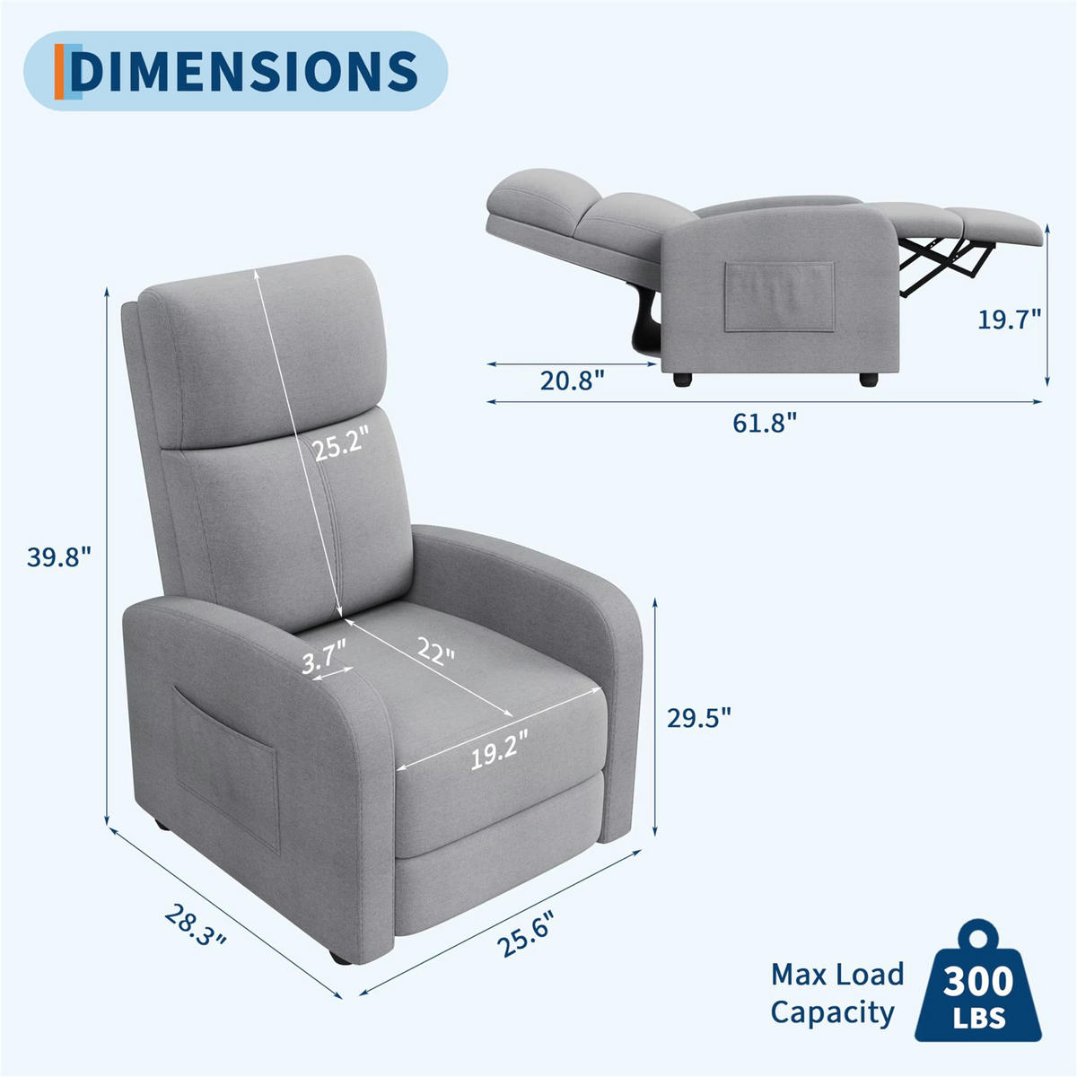 RELAXSESSEL verstellbar Leinen Seitentasche - Grau, Textil (65/101/72cm) - Coonoor