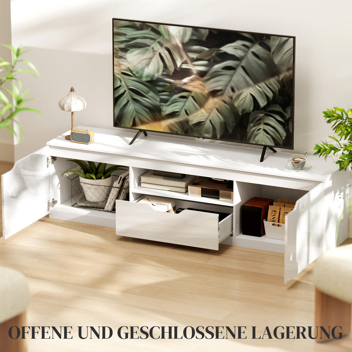 TV-LOWBOARD 38/160/43 cm aus Holz mit 2 Türen, Schublade und Kabelmanagement, Weiß - Weiß, Holzwerkstoff (160/43/38cm) - Redom