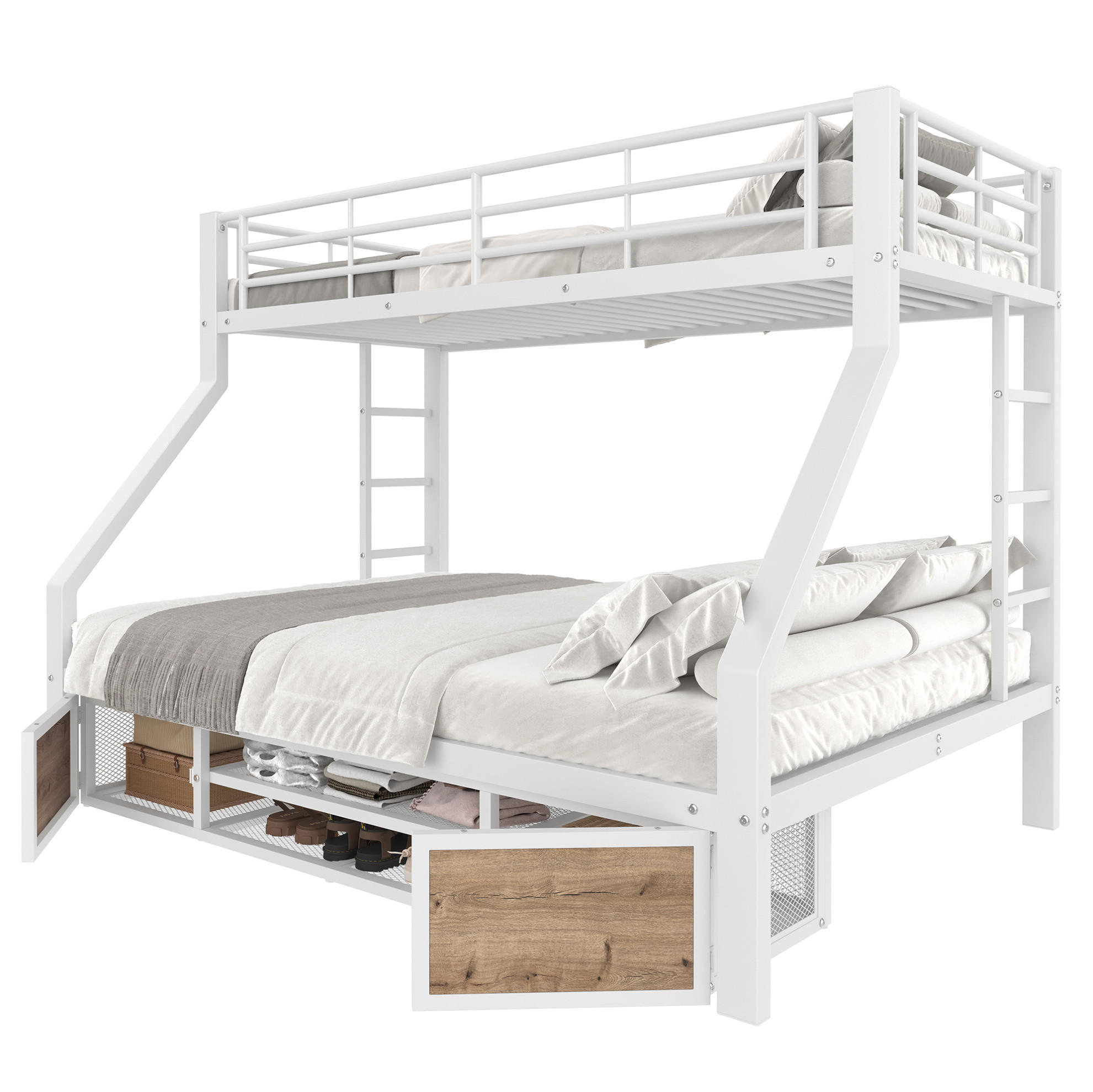 ETAGENBETT aus Metall und MDF 140x200 cm Weiß mit Schuhschrank, Staufächern und Leiter - Weiß, Metall (140/200cm) - Modfu