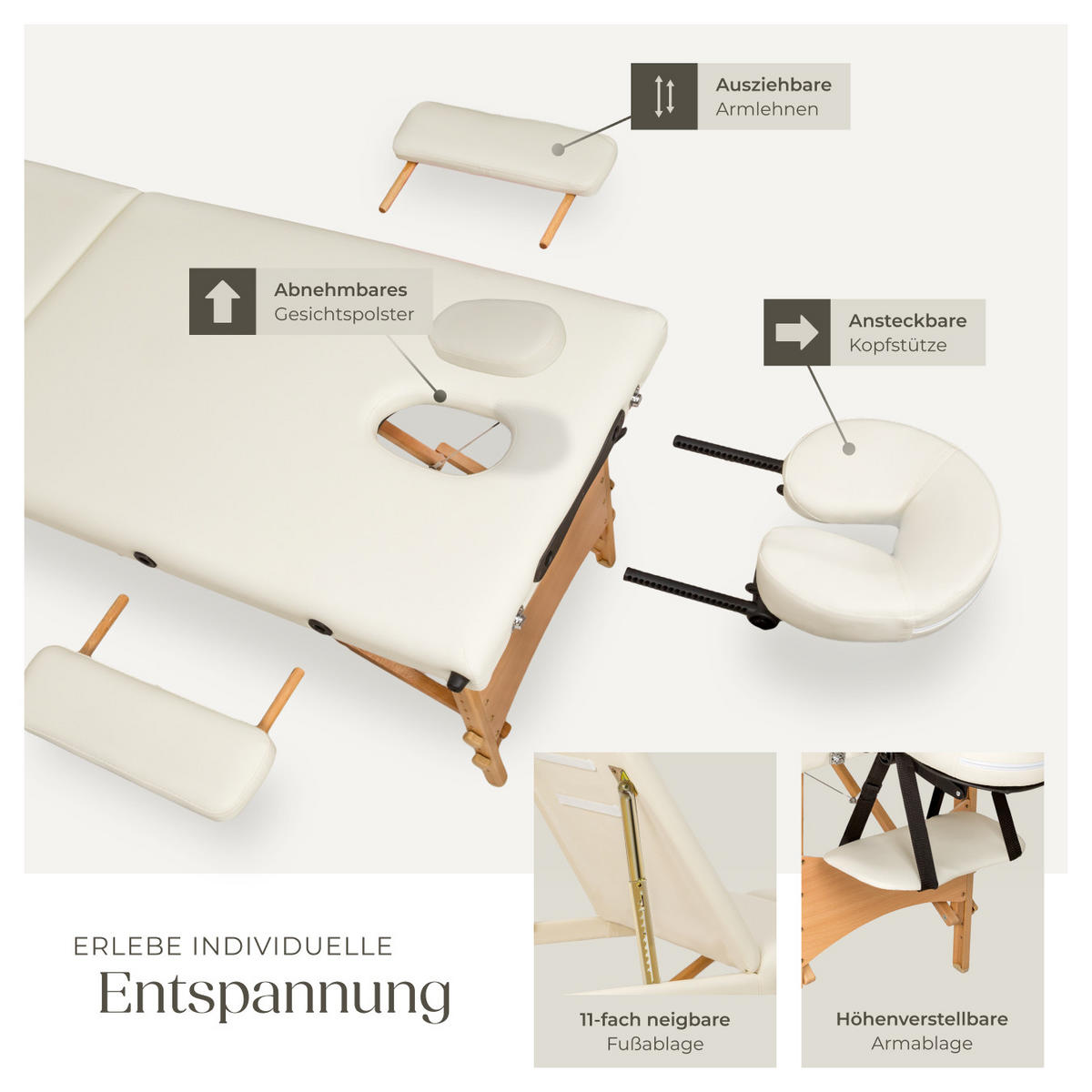 MASSAGELIEGE 3 Zonen Daniel,210 x 95 x 84 cm,beige - Beige, Holz (61/62/185cm) - tectake