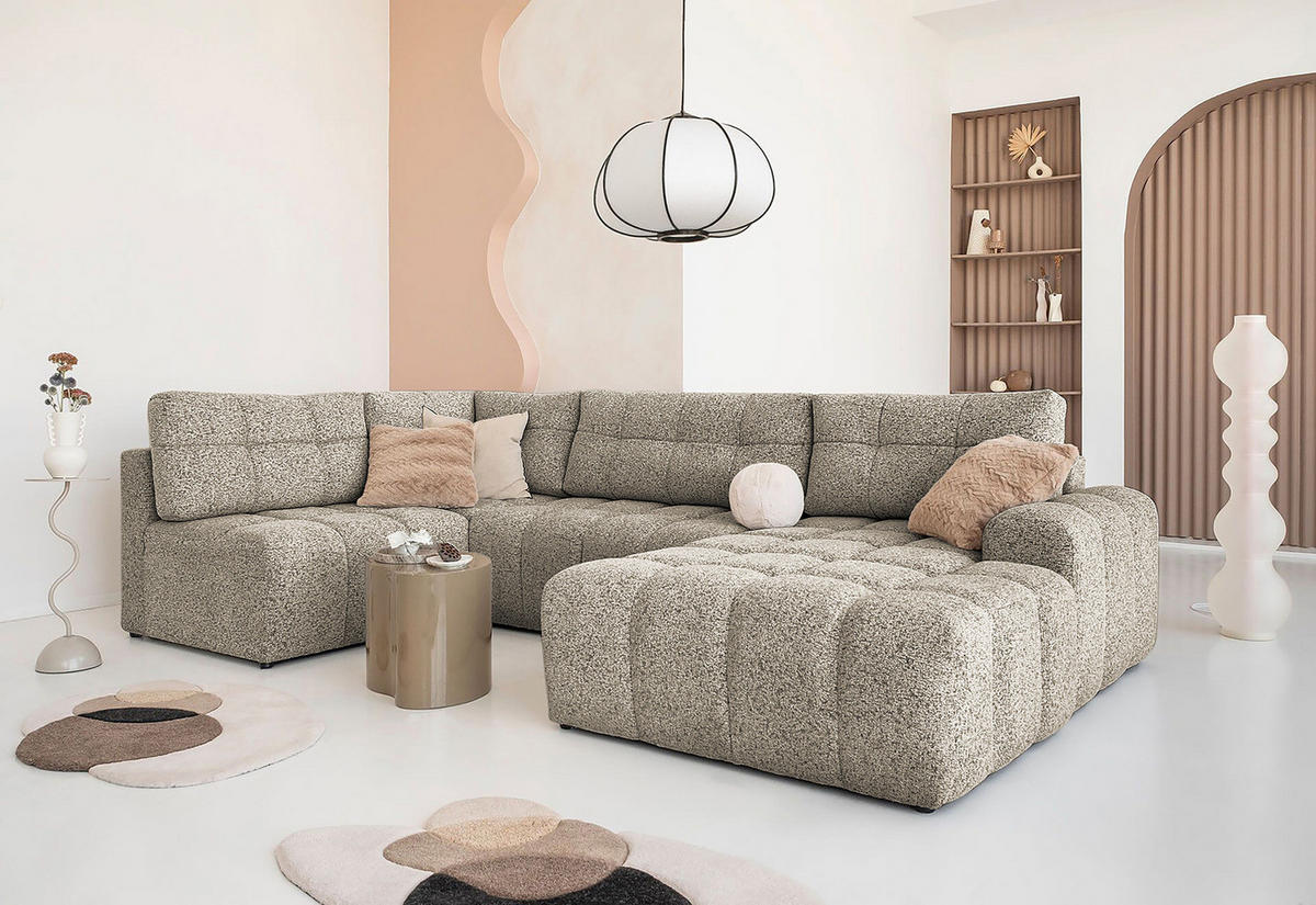 WOHNLANDSCHAFT - Strukturstoff - Beige/Schwarz, Kunststoff/Textil (333/187cm) - home24