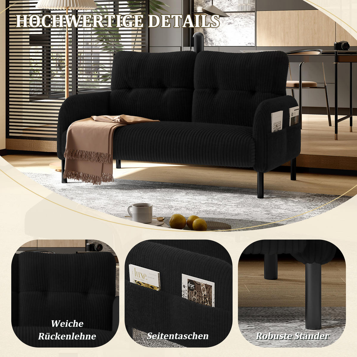 2-SITZER SOFA Cord Schwarz mit Seitentasche - Schwarz, Textil/Metall (120/79/75cm) - WISHDOR