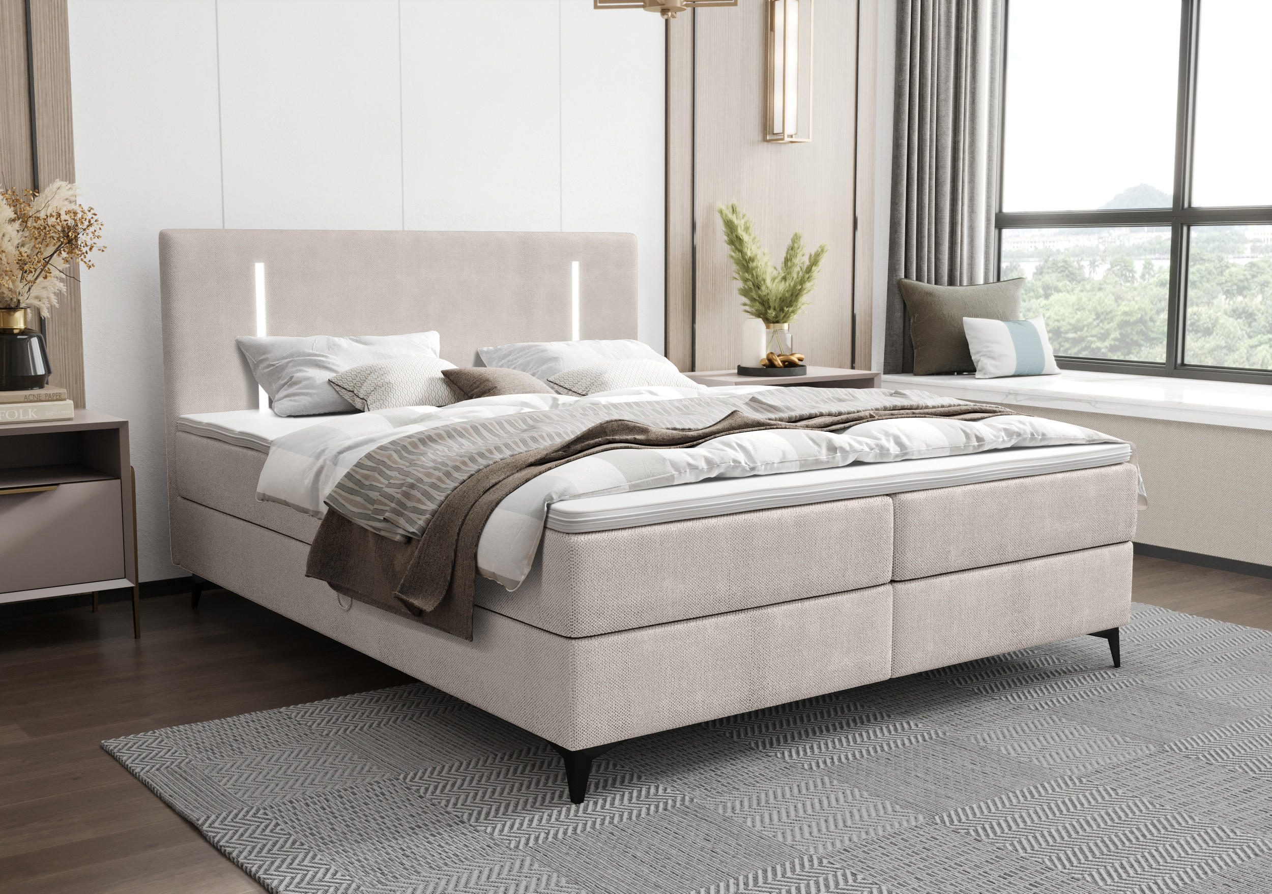 BOXBETT ONO mit Matratze H3, Bonell und Topper 160x200 CURIO 02 - Beige, Textil (160/200cm) - Bedante