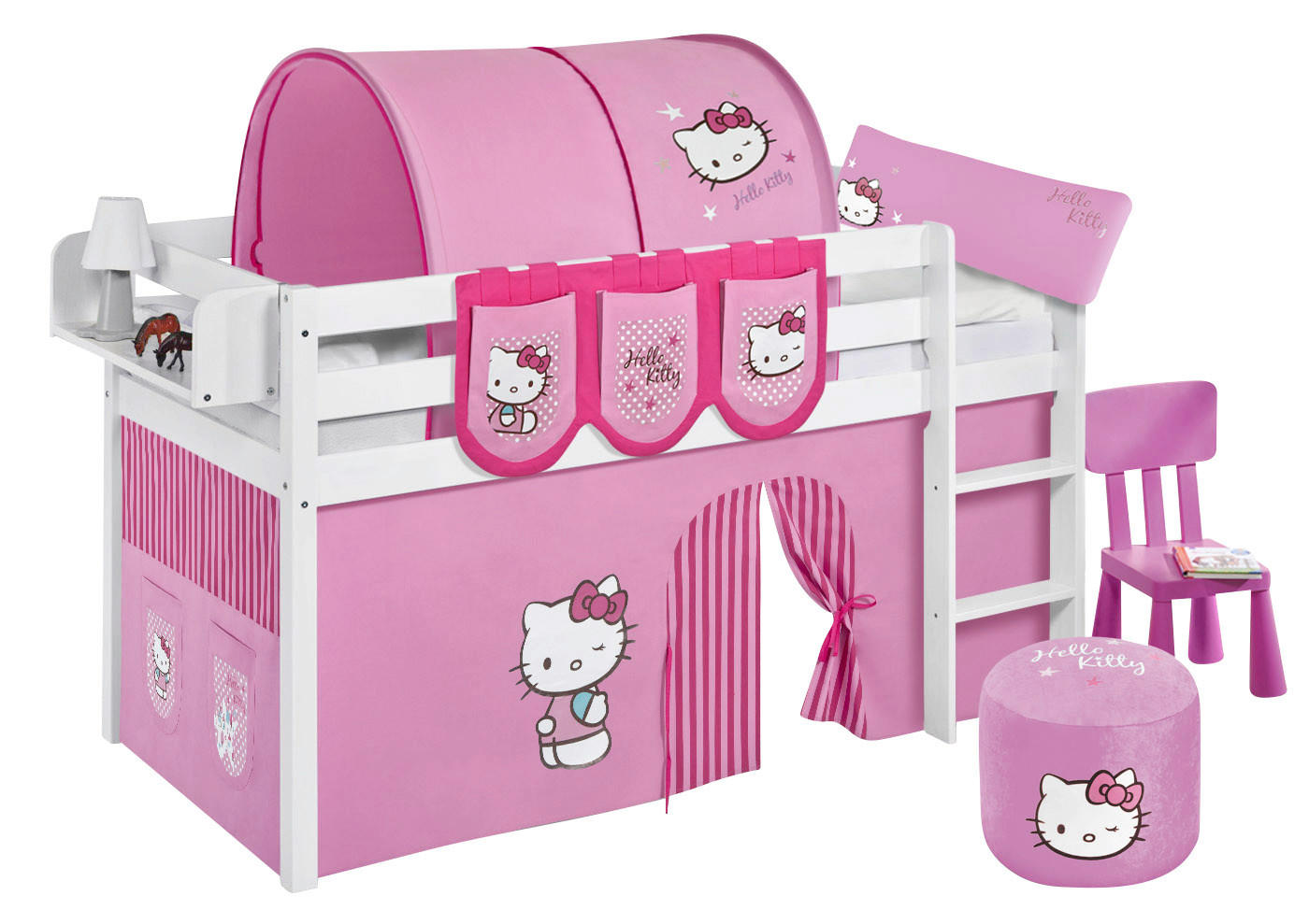 HOCHBETT Jelle mit HELLO KITTY Vorhang - Kinderbett - Weiß, Holz - Lilokids
