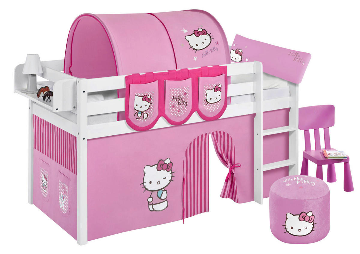 HOCHBETT Jelle mit HELLO KITTY Vorhang - Kinderbett - Weiß, Holz - Lilokids