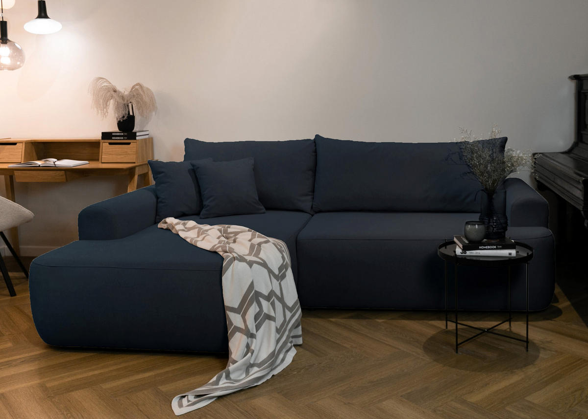 ECKSOFA Ovo Dunkelblau Velours - Schwarz/Dunkelblau, Kunststoff/Textil (260/165cm) - Selsey