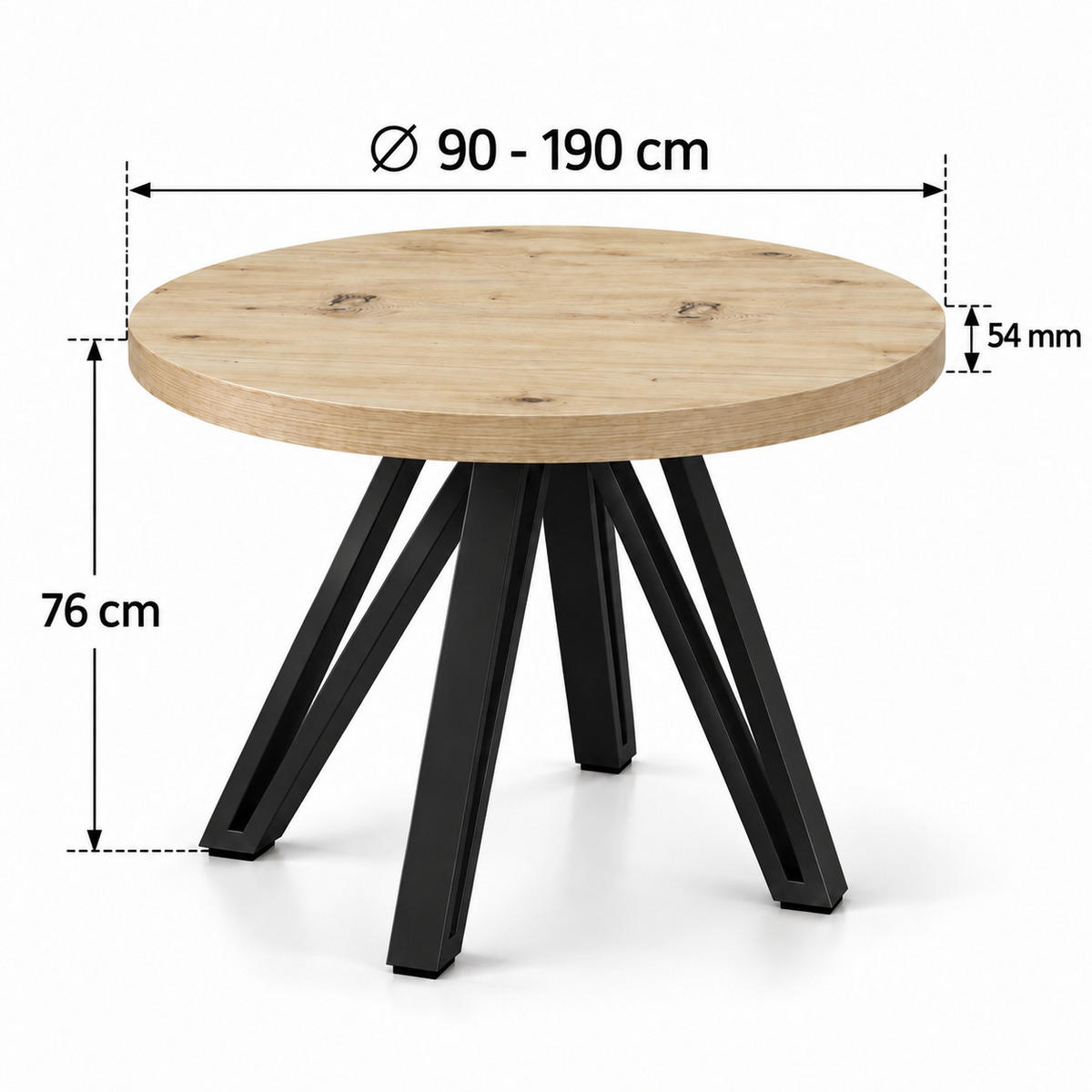 ESSTISCH rund ausziehbar 90/190/76 cm, Eiche Artisan, 54 cm Tischplatte + Industrial Metallgestell Schwarz - Schwarz/Eiche Artisan, Holzwerkstoff/Metall (90/190/76cm) - Damale Möbel