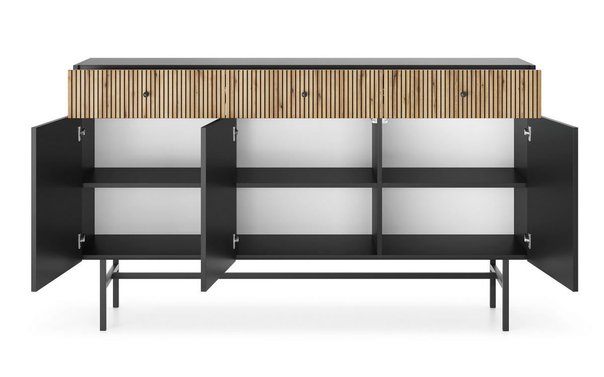 SIDEBOARD Dinley 3T 3S Schwarz, Braun 155/89,4/39 cm – mit langen Beinen und Lamellenfront - Schwarz/Braun, Holzwerkstoff/Metall (155/89.4/39cm) - AX Living