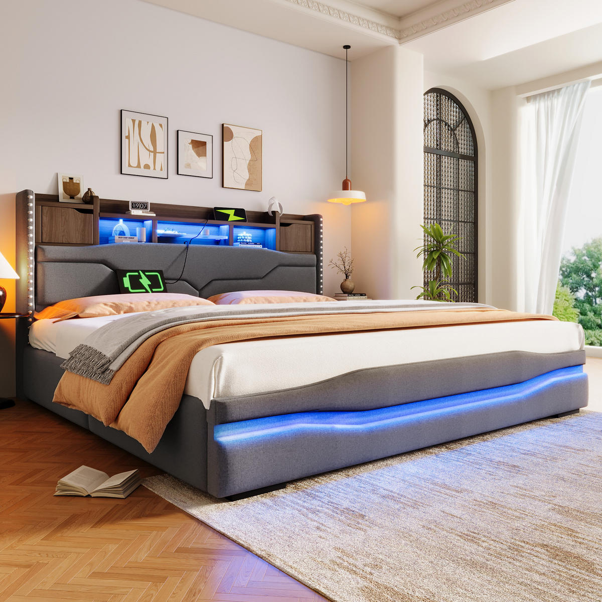 POLSTERBETT 180x200 cm LED USB grau - Grau, Textil (180/200cm) - LEBENLANG