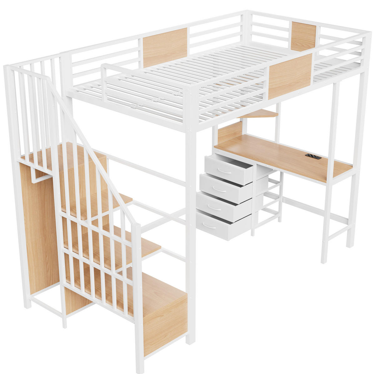 HOCHBETT 90/200 cm mit Schreibtisch, Ablagefächern, Kleiderstange, LED-Beleuchtung und Steckdose, Weiß - Weiß, Metall (90/200cm) - Redom