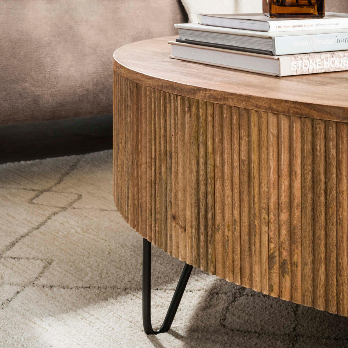 COUCHTISCH MILO GRAND XL-Rundtisch aus Mangoholz im Lamellen-Design - Sandfarben, Holz (120/120/38cm) - alesvelt