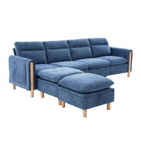SOFA 261/77/86 cm in Blau aus Chenille, modular mit 2 Hockern und Stauraum - Blau, Textil (77/86/261cm) - Flora Grace