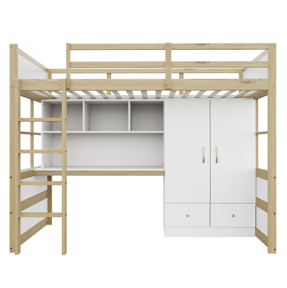HOCHBETT aus Massivholz 90x200 cm in Naturholz mit Schreibtisch & Kleiderschrank - Naturfarben, Holz (90/200cm) - Modfu