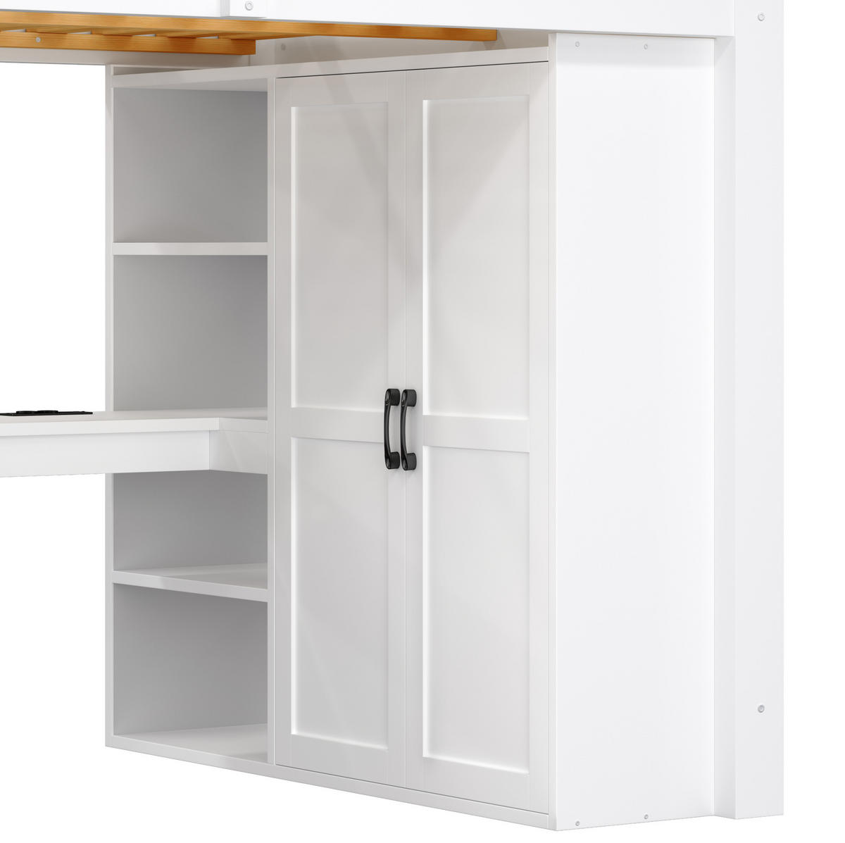 HOCHBETT aus MDF, Kiefer und Sperrholz 140x200 cm Weiß mit Schreibtisch, Regal, Kleiderschrank, Stauraumtreppe und LED-Beleuchtung - Weiß, Holzwerkstoff (140/200cm) - Modfu