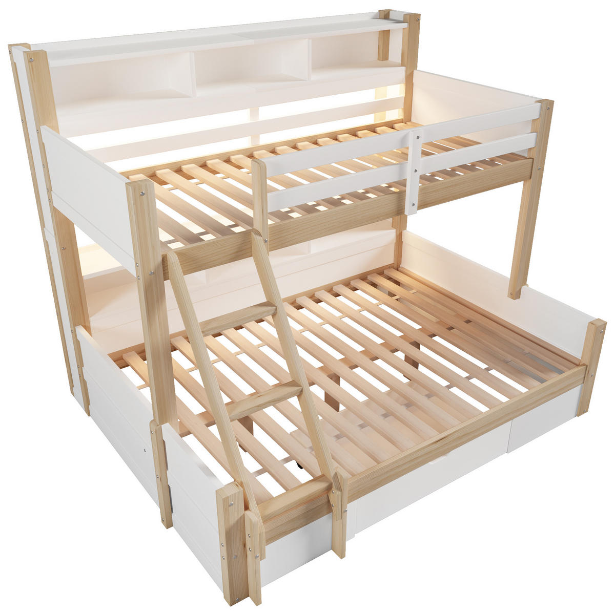 ETAGENBETT 90/200 + 140/200 cm mit LED-Beleuchtung, flexibler Leiter, Stauraum und Bettgitter, Kiefer Massivholz, Weiß/Natur - Weiß, Holz (90/200cm) - Redom