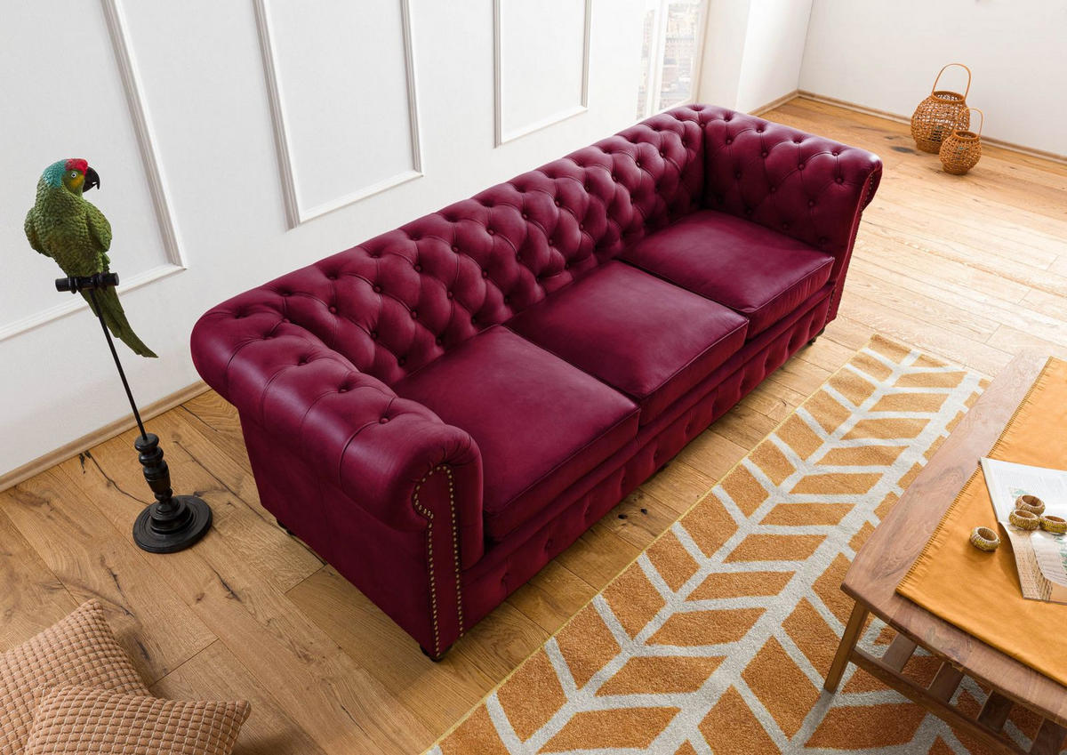 SOFA 3-Sitzer Echtleder 216x82x75 rot CHESTERFIELD #403 - Rot, Leder (216/75/82cm) - Massivmoebel24