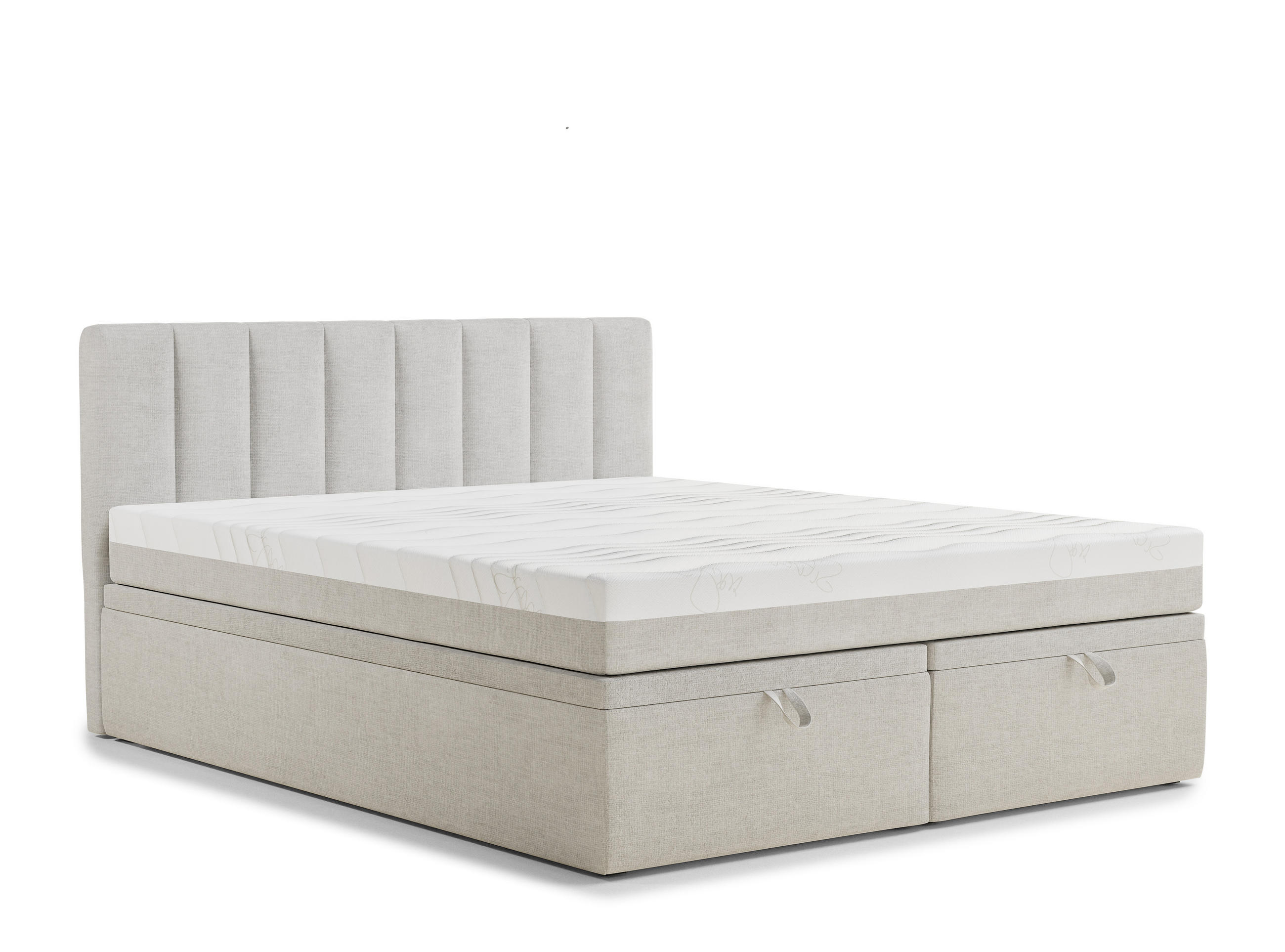 BOXBETT 140/200 cm Lovage S, in Hellbeige, Matratze, gepolstertes Kopfteil, Bettkasten, H3 = fest - Beige/Schwarz, Holz/Holzwerkstoff (140/200cm) - Maison de Reve