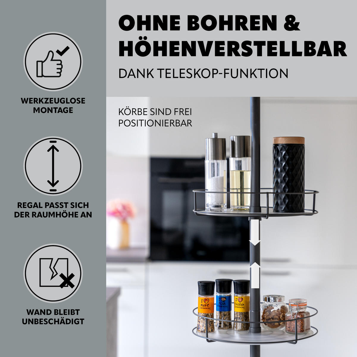 TELESKOP-KÜCHENREGAL, ausziehbar bis max. 290 cm, Metall, grau - Grau, Metall (31.5/290/31.5cm) - bremermann