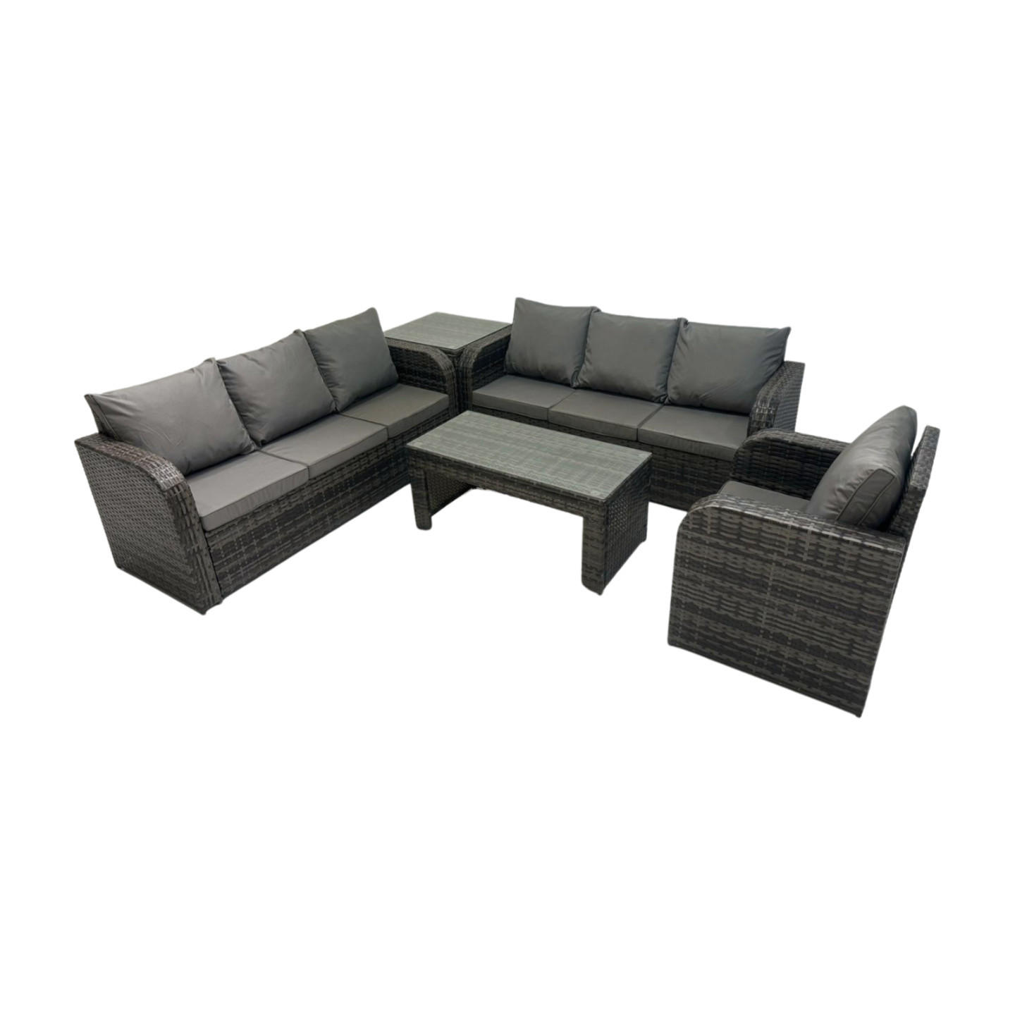 GARTENSOFA SET mit rechteckigem COUCHTISCH Polyrattan 7-Sitzer Dunkelgrau - Dunkelgrau/Grau, Glas/Kunststoff - Fimous