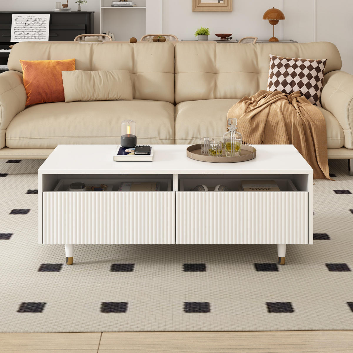 COUCHTISCH LED Farbwechsel Wellenplatte Gold-Weiß Beine 2 Schubladen Modern - Weiß, Holz (119/57.78/12.7cm) - FLIEKS