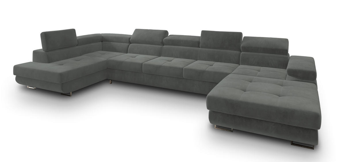 WOHNLANDSCHAFT TORIVA L-S Grau Velours-Stoff mit Schlaffunktion - Grau, Holz (418/90/202cm) - MASSENO