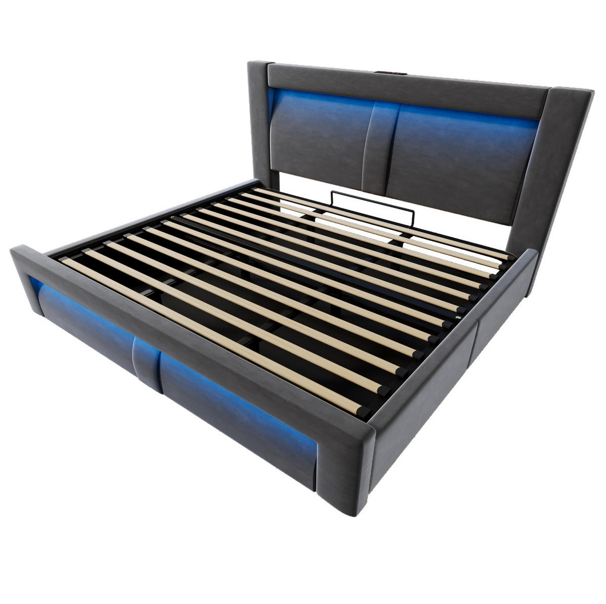 POLSTERBETT 180/200 cm mit LED-Beleuchtung, USB- und Type-C-Anschlüssen, hydraulischem Stauraum und Samtbezug, Grau - Grau, Textil (180/200cm) - Redom