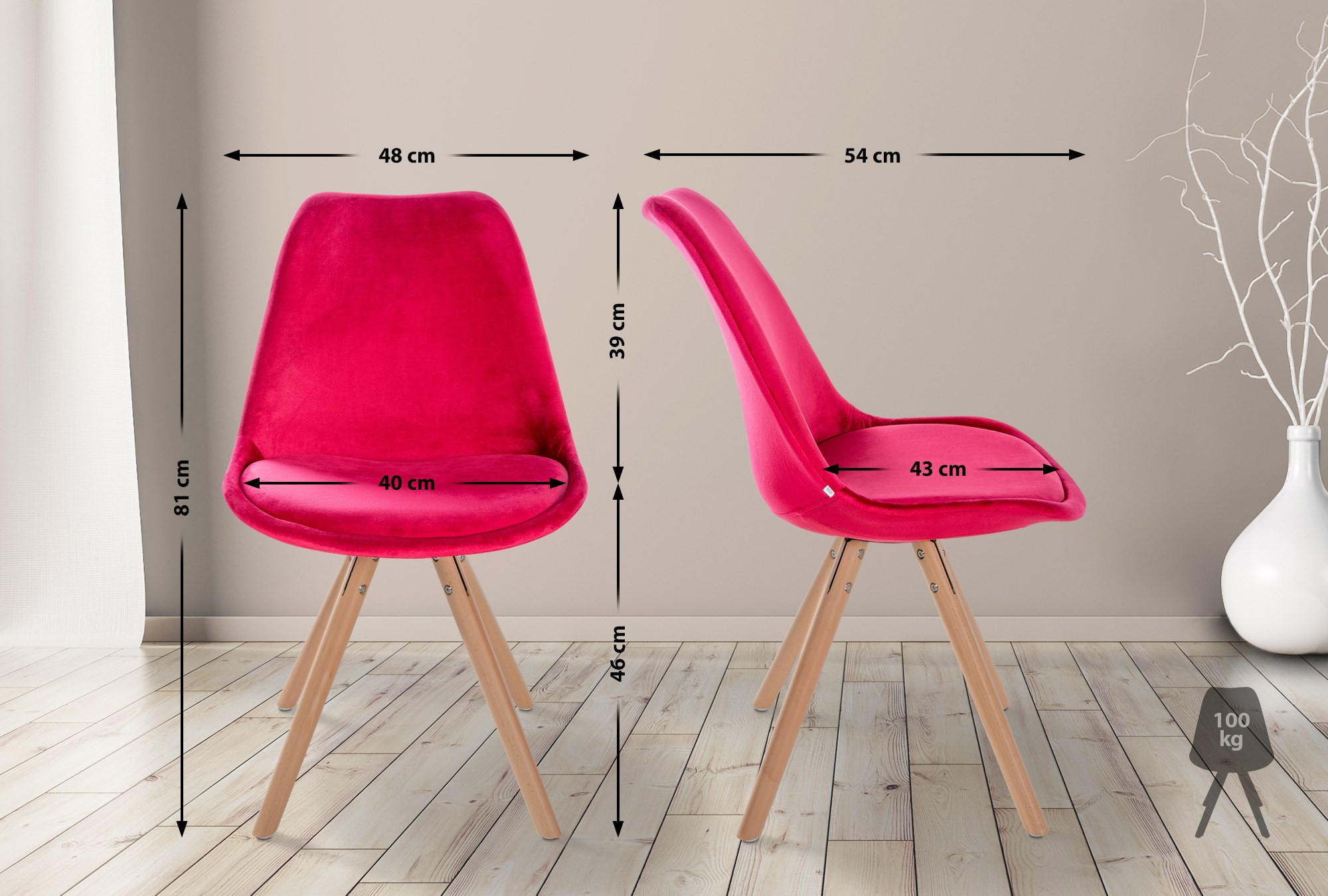 STUHL 4er Set Samt rot - Eukalyptusholzfarben/Rot, Holz/Textil (48/81/54cm) - CLP