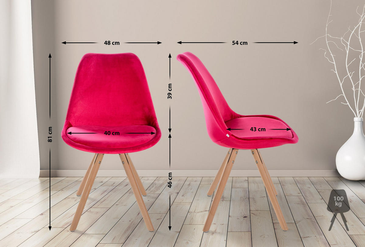 STUHL Samt rot - Eukalyptusholzfarben/Rot, Holz/Textil (48/81/54cm) - CLP