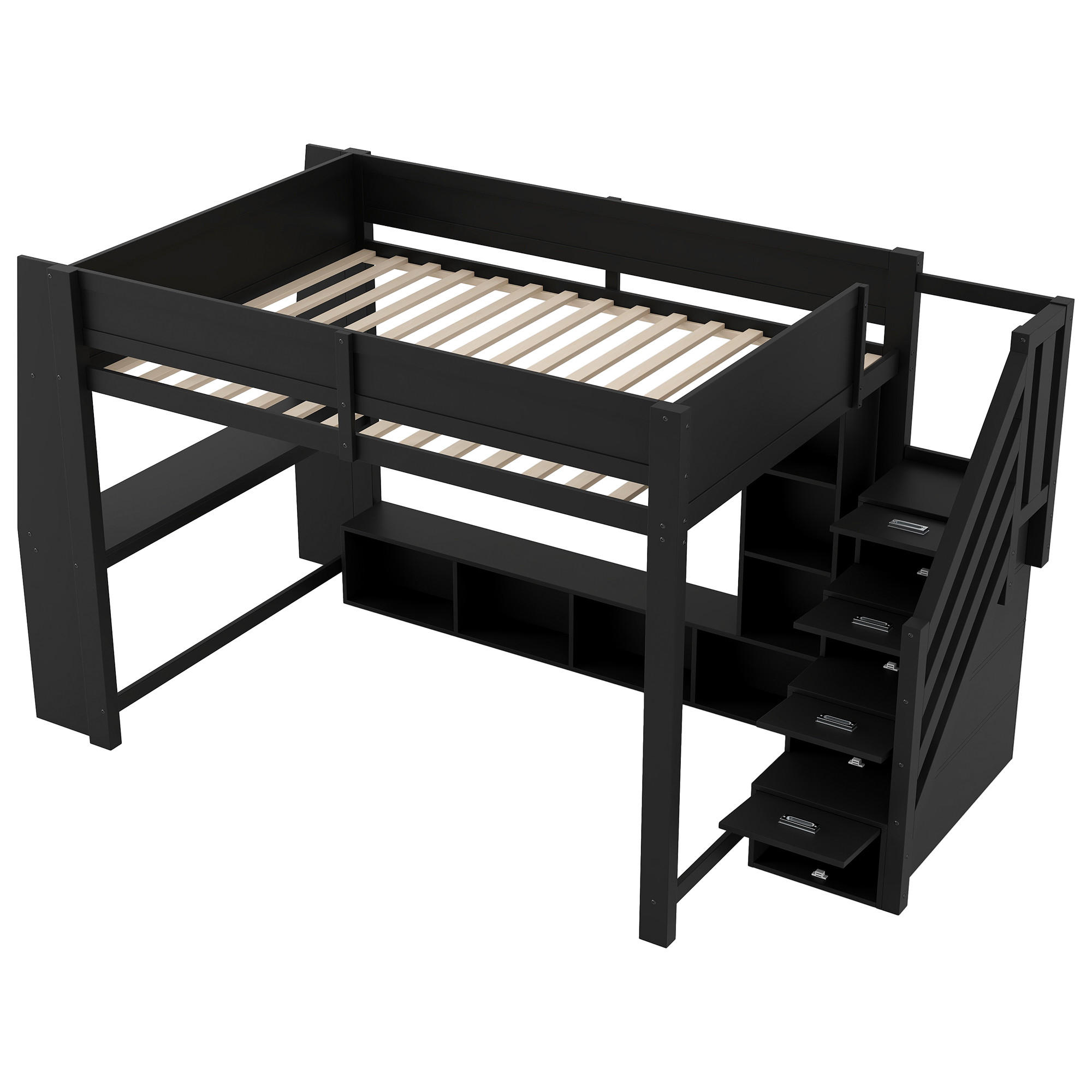 HOCHBETT 140/200 cm DE-03372, mit Schreibtisch, LED-Beleuchtung und Stauraumtreppe, in Schwarz - Schwarz, Holzwerkstoff (140/200cm) - ComfortXL