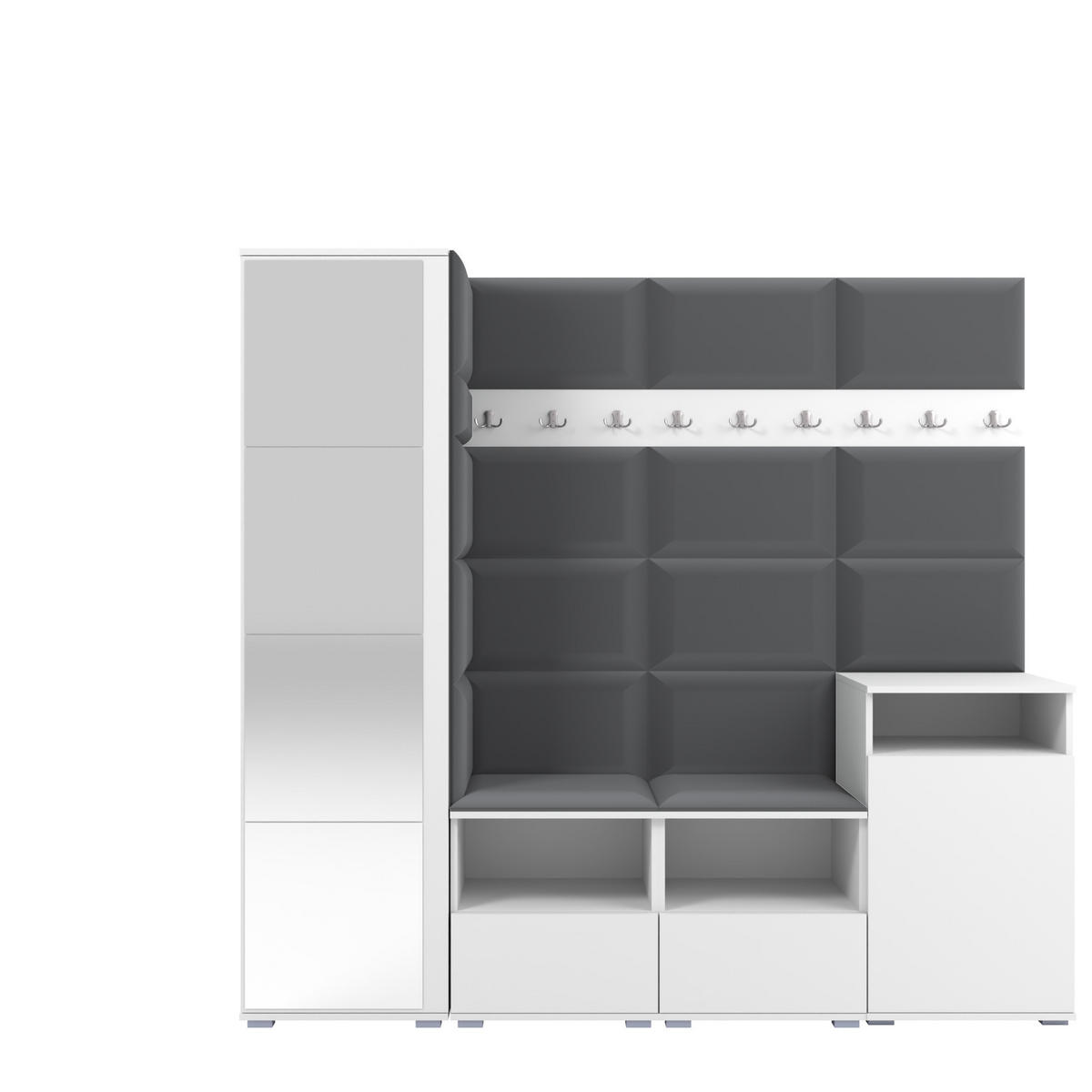 GARDEROBE NELA X 200 cm (Modulare Flurmöbel Weiß mit Spiegel & Sitzpolster Dunkelgrau 15 Schrank + Sideboard) - Dunkelgrau/Silberfarben, Holz/Holzwerkstoff (200/187/40cm) - Ravio