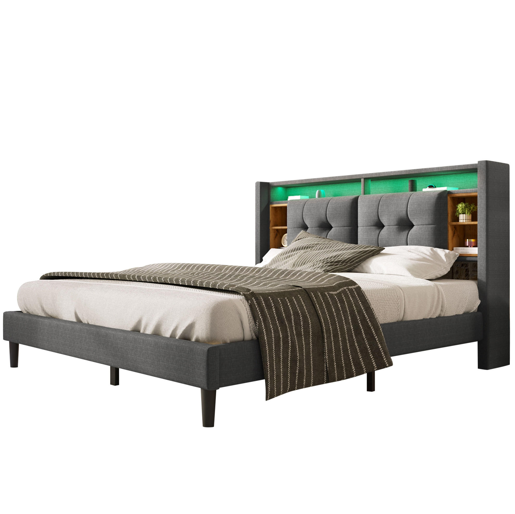 POLSTERBETT 140/200 cm Grau aus Massivholz mit Stauraum-Kopfteil - Grau, Holz (140/200cm) - OKMYHOME