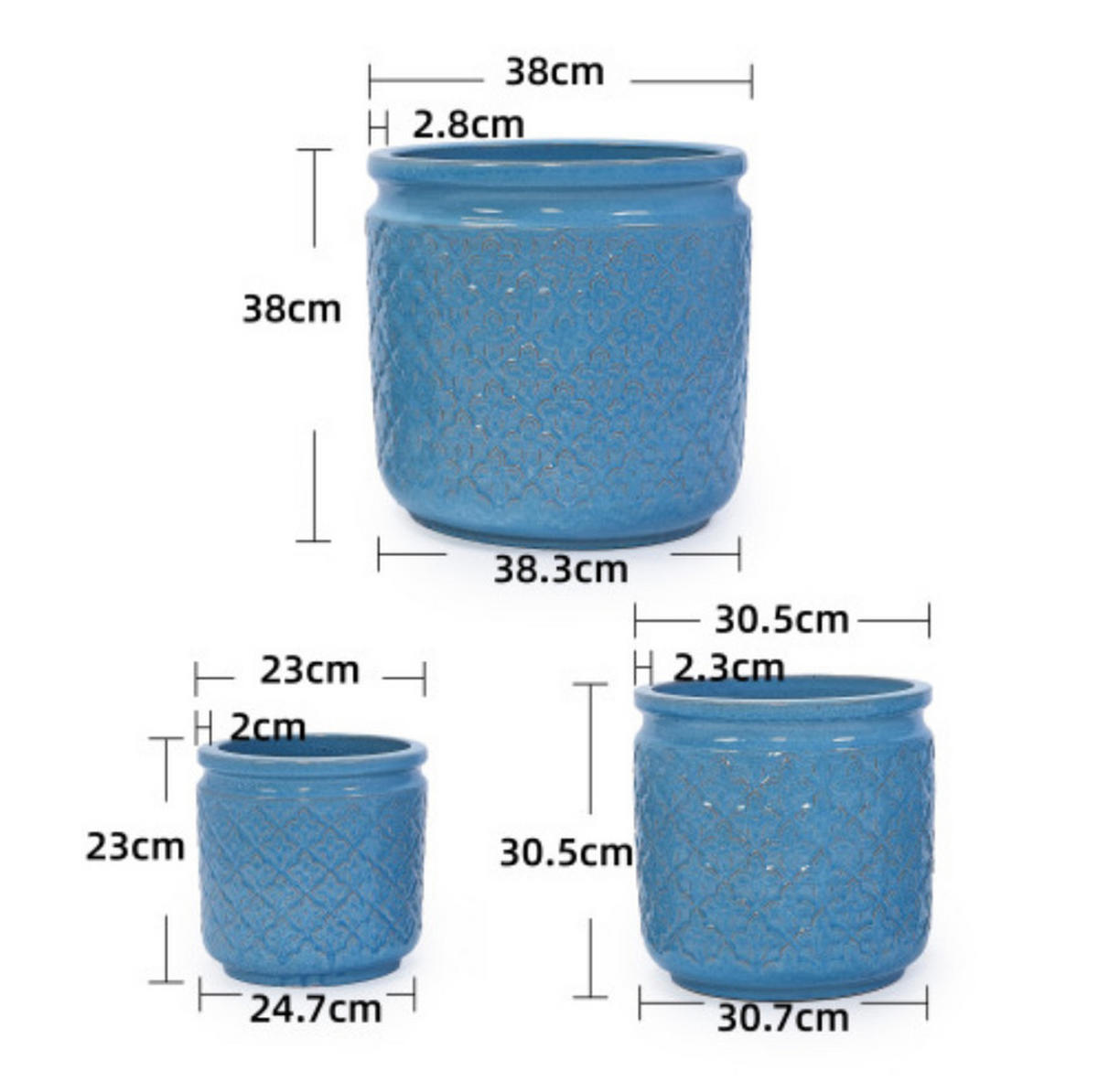 KERAMIKBLUMENTÖPFE, 3-teilig, 38,1/30,5/22,9cm, geometrisch, blau - Blau, Keramik (38/38/38cm) - Vallsero