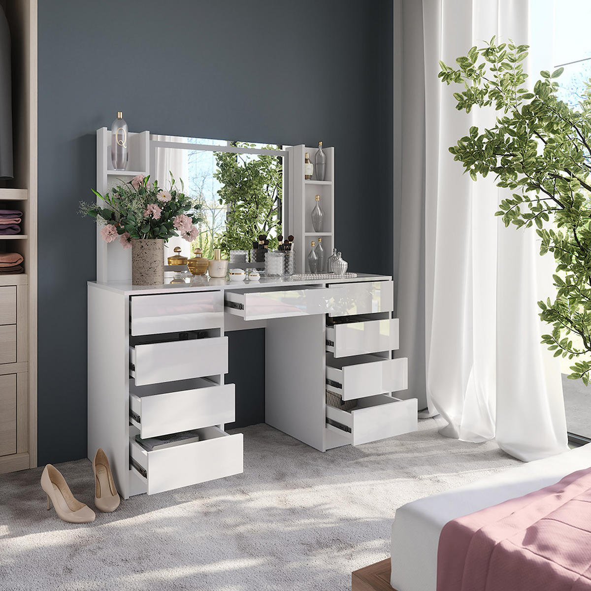 SCHMINKTISCH Sherry Weiß/Weiß Hochglanz 128.2 cm 4 Teile - Weiß Hochglanz, Holzwerkstoff (128.2/76/50.1cm) - Vicco