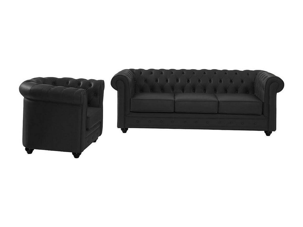 LEDERSOFA 3-Sitzer + Ledersessel - Büffelleder - Schwarz - CHESTERFIELD - Schwarz, Leder (205/72/88cm) - Vente-Unique