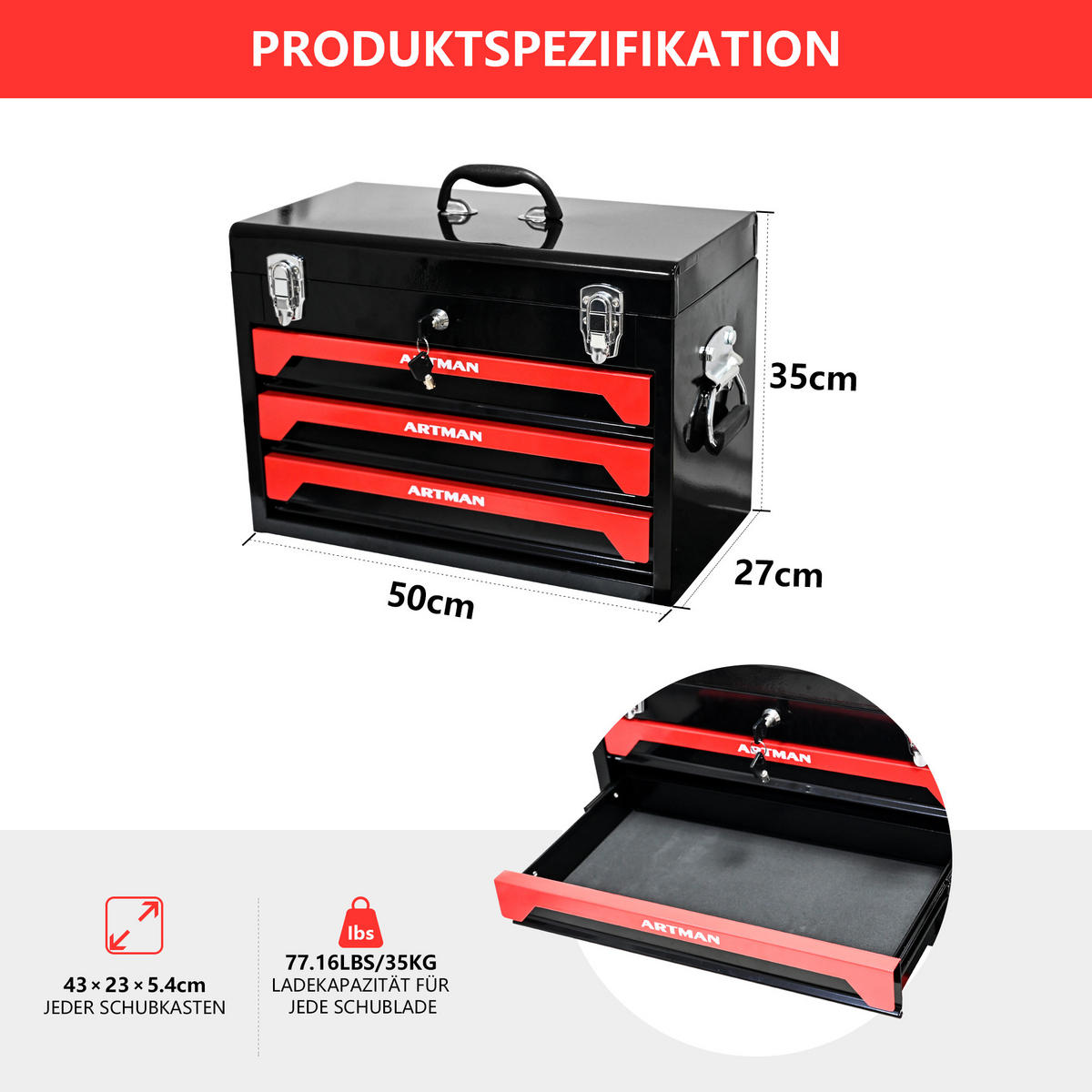 WERKZEUGKISTE TRANSPORTABEL 20 Zoll mit 3 Schubladen, Stahl, Schwarz-Rot - Schwarz, Metall (27/35/50cm) - Novahome