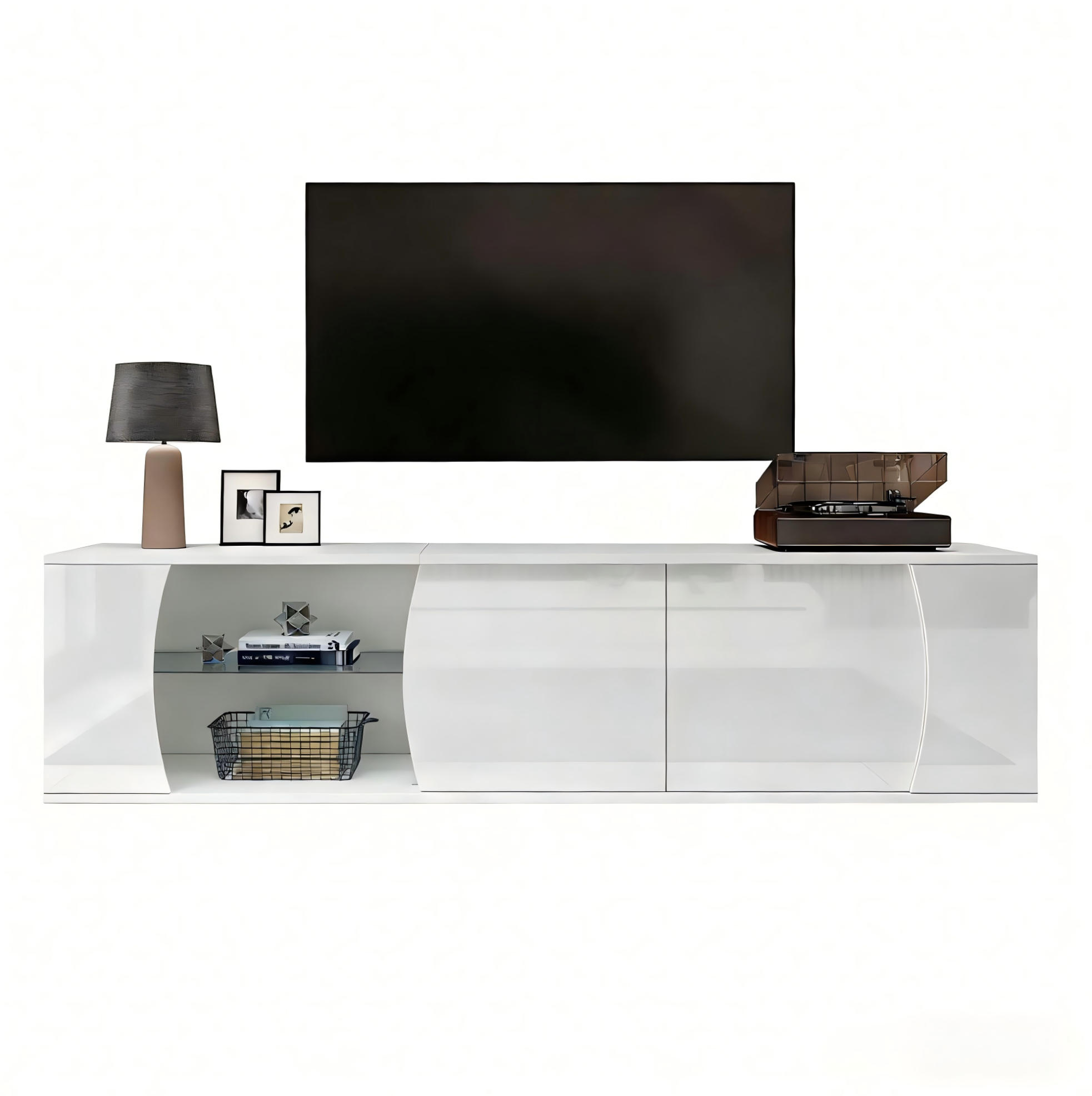 LOWBOARD in Weiß mit LED-Beleuchtung für Wohnzimmer, B180/T40/H45cm - Weiß, Glas/Holzwerkstoff (180/45/40cm) - STILVORA