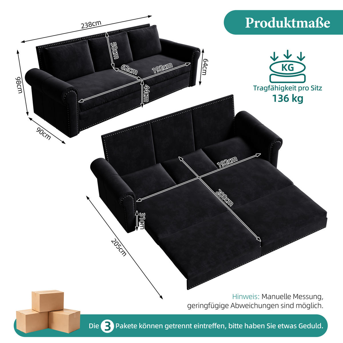 SCHLAFSOFA 3-in-1 ausziehbar mit Rollarmlehnen, DE-42865, Schwarz - Schwarz, Metall (238/98/90cm) - ComfortXL