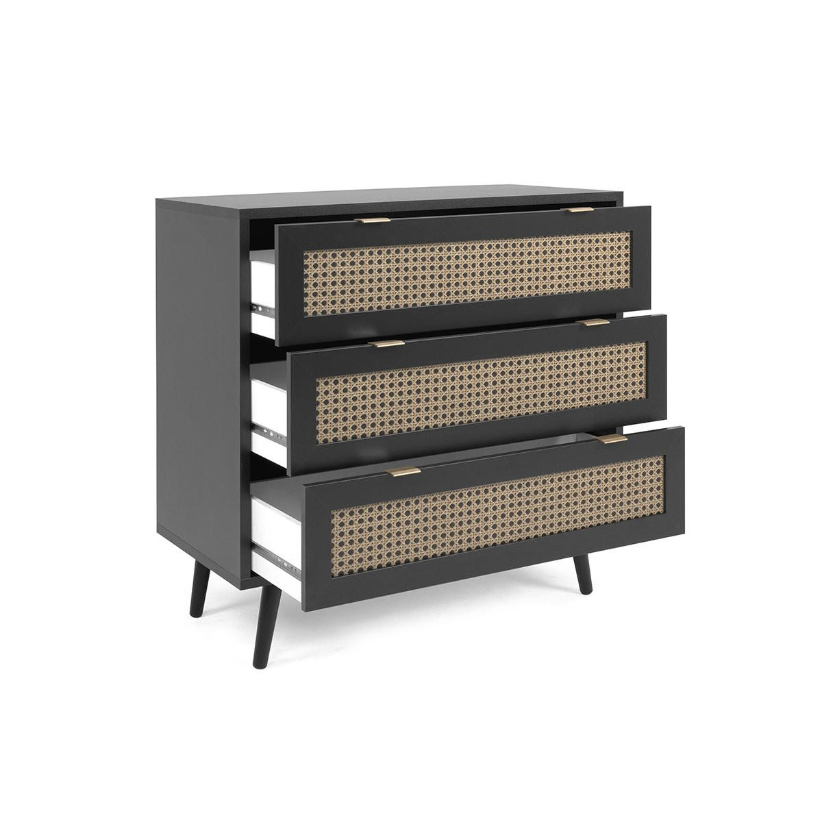 KOMMODE mit 3 Schubladen, schwarzem- und Rohrgeflecht Druck Villa - L80 x H80 x T40 cm - Schwarz, Holzwerkstoff (40/80/80cm) - Calicosy