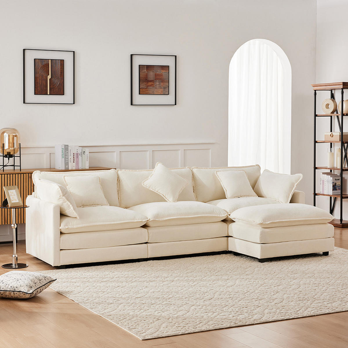 ECKSOFA in Beige Chenille-Stoff mit Fußstütze - Beige, Kunststoff/Textil (147/283cm) - KOMHTOM