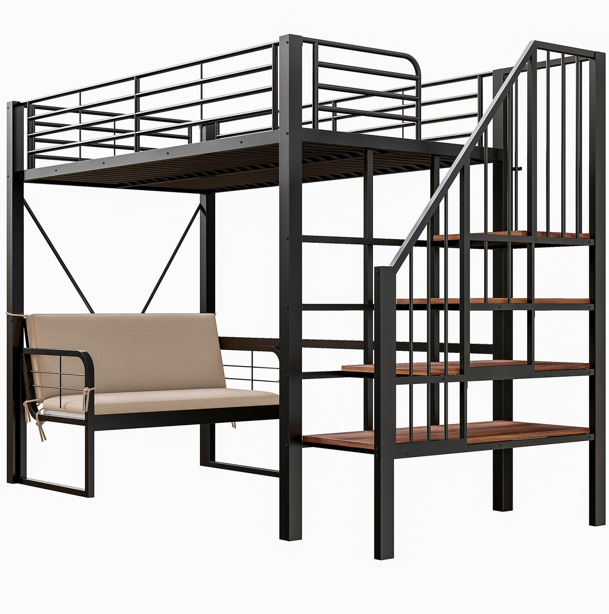 ETAGENBETT 90/200 cm mit abnehmbarem Polstersofa, Stauraumtreppe und Metallrahmen, Schwarz - Schwarz, Holzwerkstoff (90/200cm) - Redom