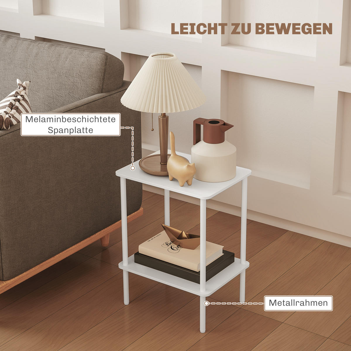 BEISTELLTISCH, 2-stufiger Couchtisch mit Aufbewahrungsfach und Metallrahmen, Weiß - Weiß, Holzwerkstoff (30/40/52.2cm) - HOMCOM