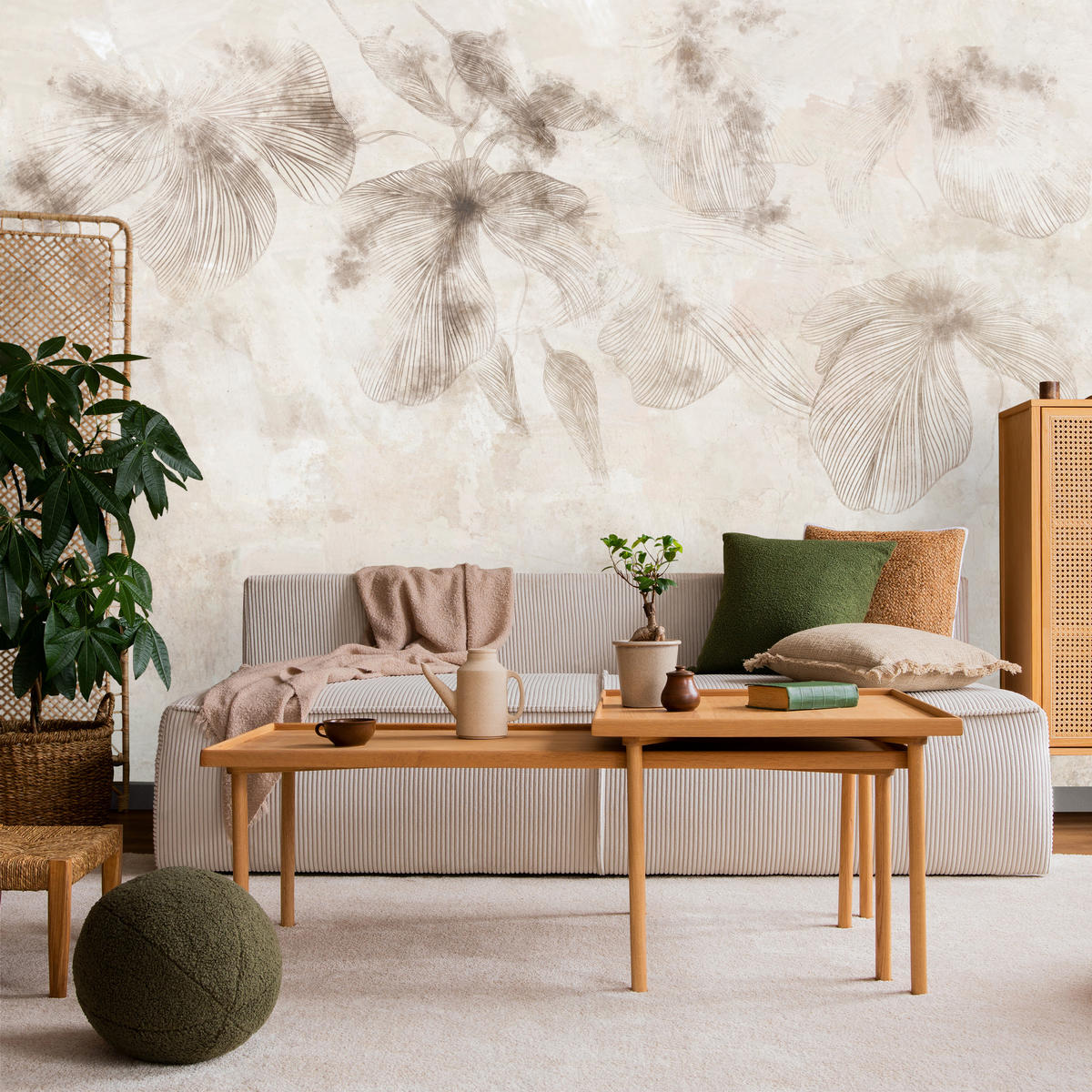 FOTOTAPETE für Wohnzimmer Boho Blumen auf Beton Natur Vintage 250x175 - Beige/Braun, Papier (250/175cm) - Muralo