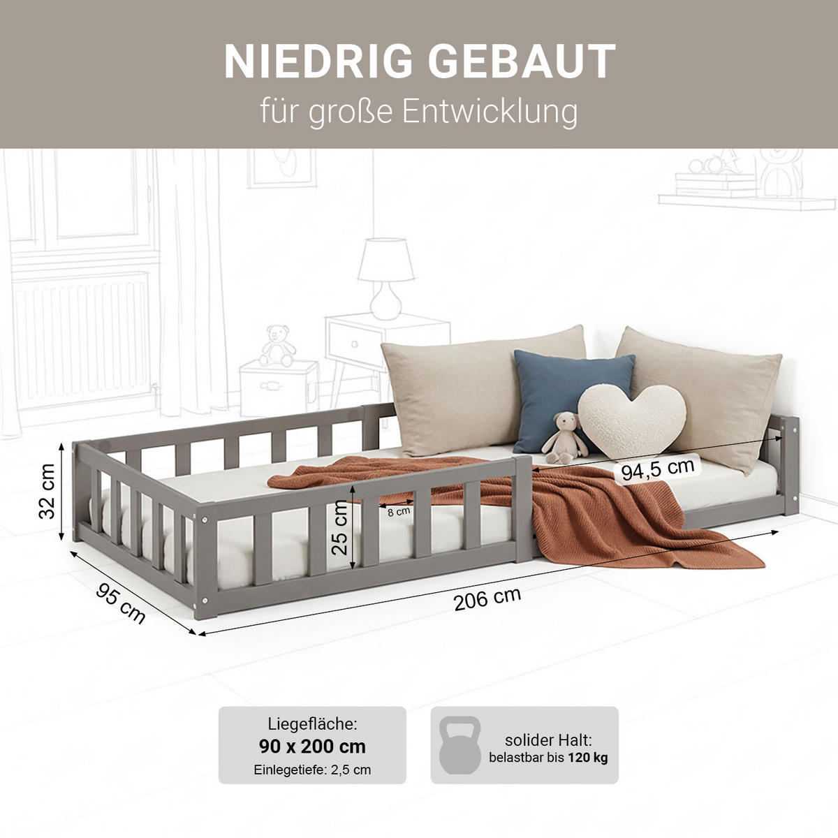 BODENBETT Grau 90x200 cm mit Lattenrost Kind - Grau, Holz (90/200cm) - Homestyle4u