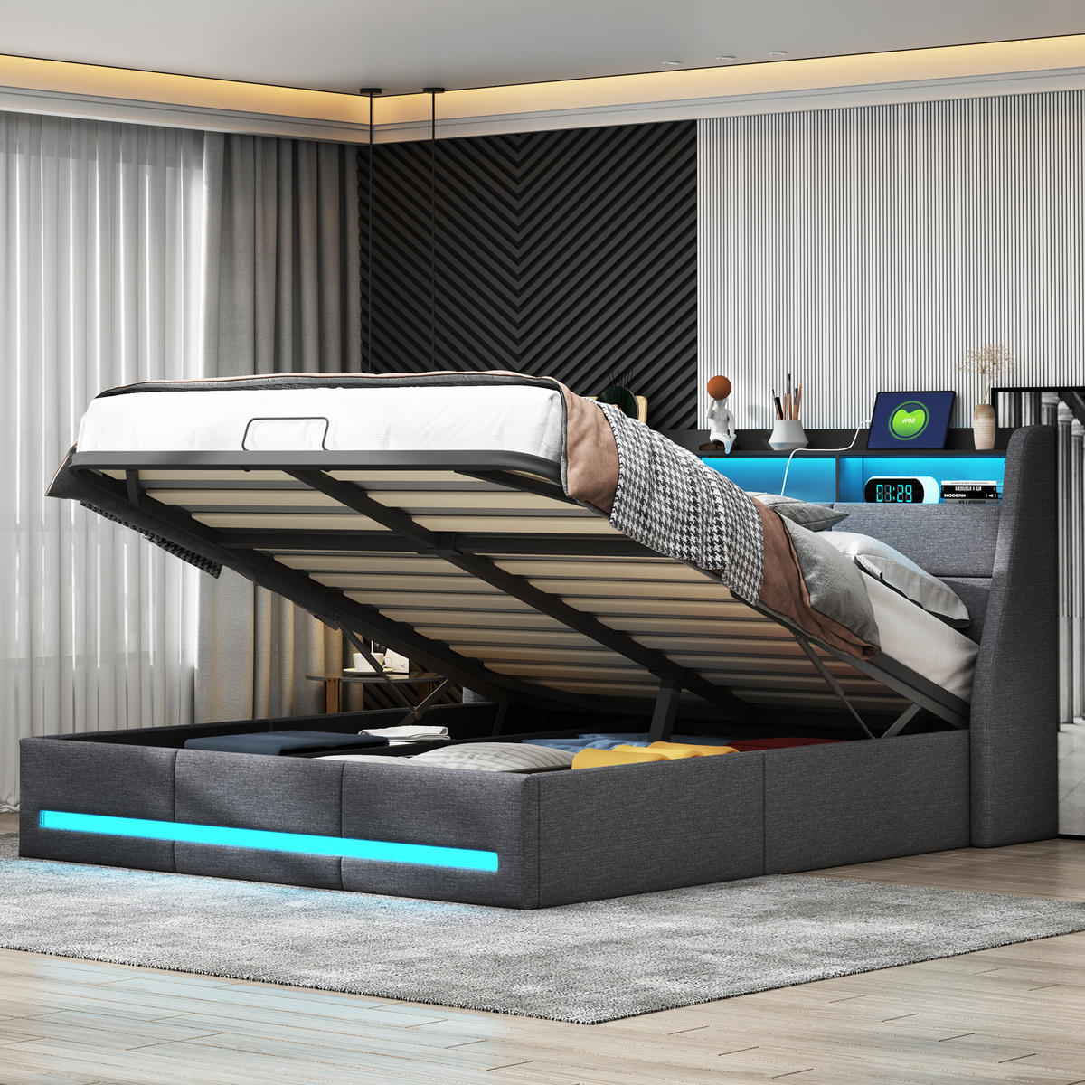 POLSTERBETT 140x190 cm mit Stauraum, LED-Kopfteil, USB & Lattenrost, grau - Grau, Holz (140/190cm)